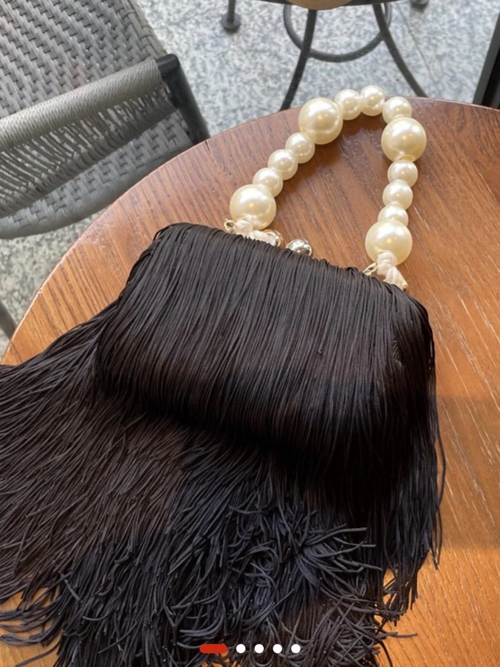 Black Fringe Satchel with Pearl Handle Accent